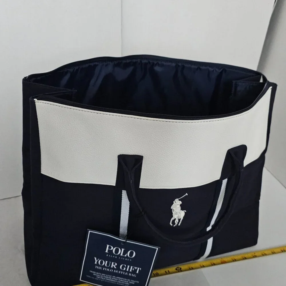 Polo Ralph Lauren Navy Canvas & Leather Trim Large Tote Travel Carryall bag - Picture 3 of 17